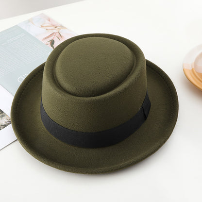 Black ribbon top hat, curved brim jazz hat.