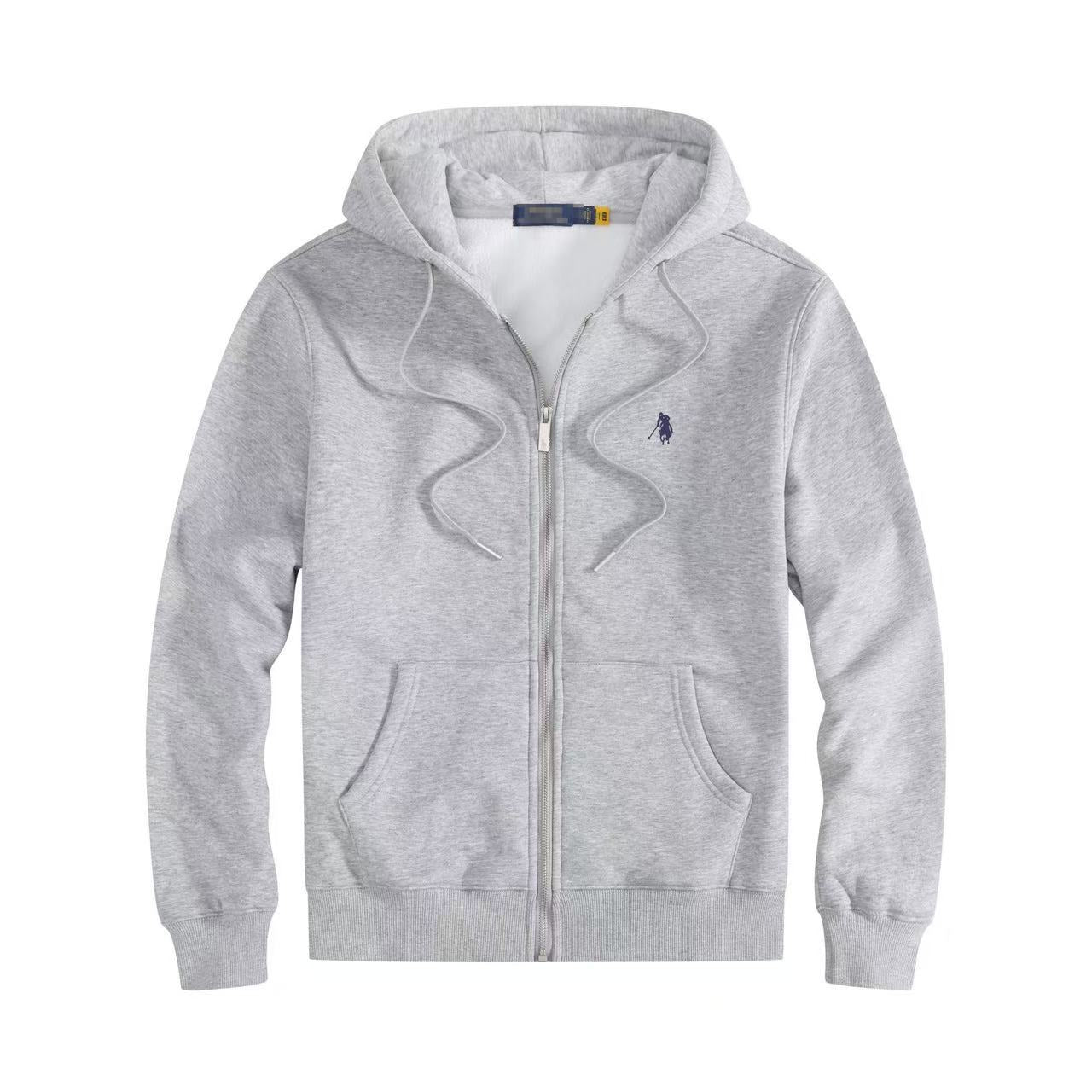 Men's fleece-lined, long-sleeve polo sweatshirt. Pony embroidery