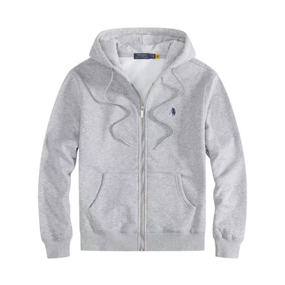 Men's fleece-lined, long-sleeve polo sweatshirt. Pony embroidery