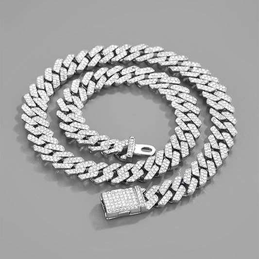 Trendy men's Cuban chain: Diamond zircon, 4-row hip hop necklace.