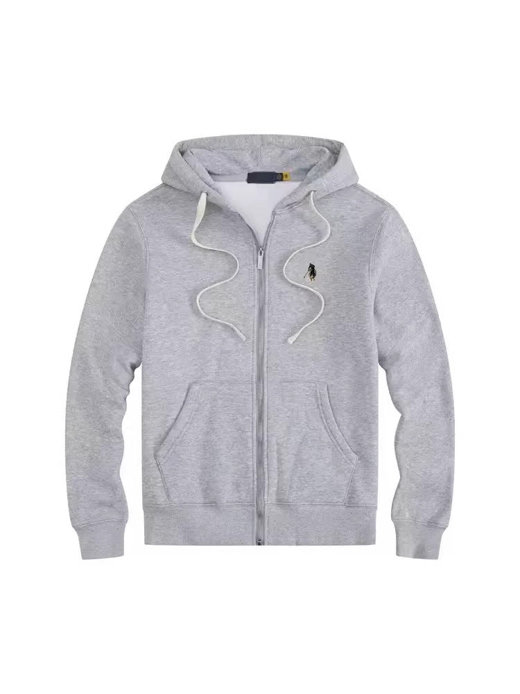 Men's fleece-lined, long-sleeve polo sweatshirt. Pony embroidery