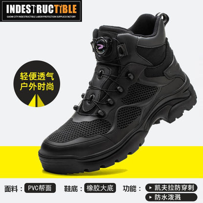 Steel-toe work boots, Kevlar sole, button close