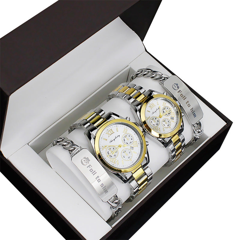 Couples pair stainless steel bracelet & watch set