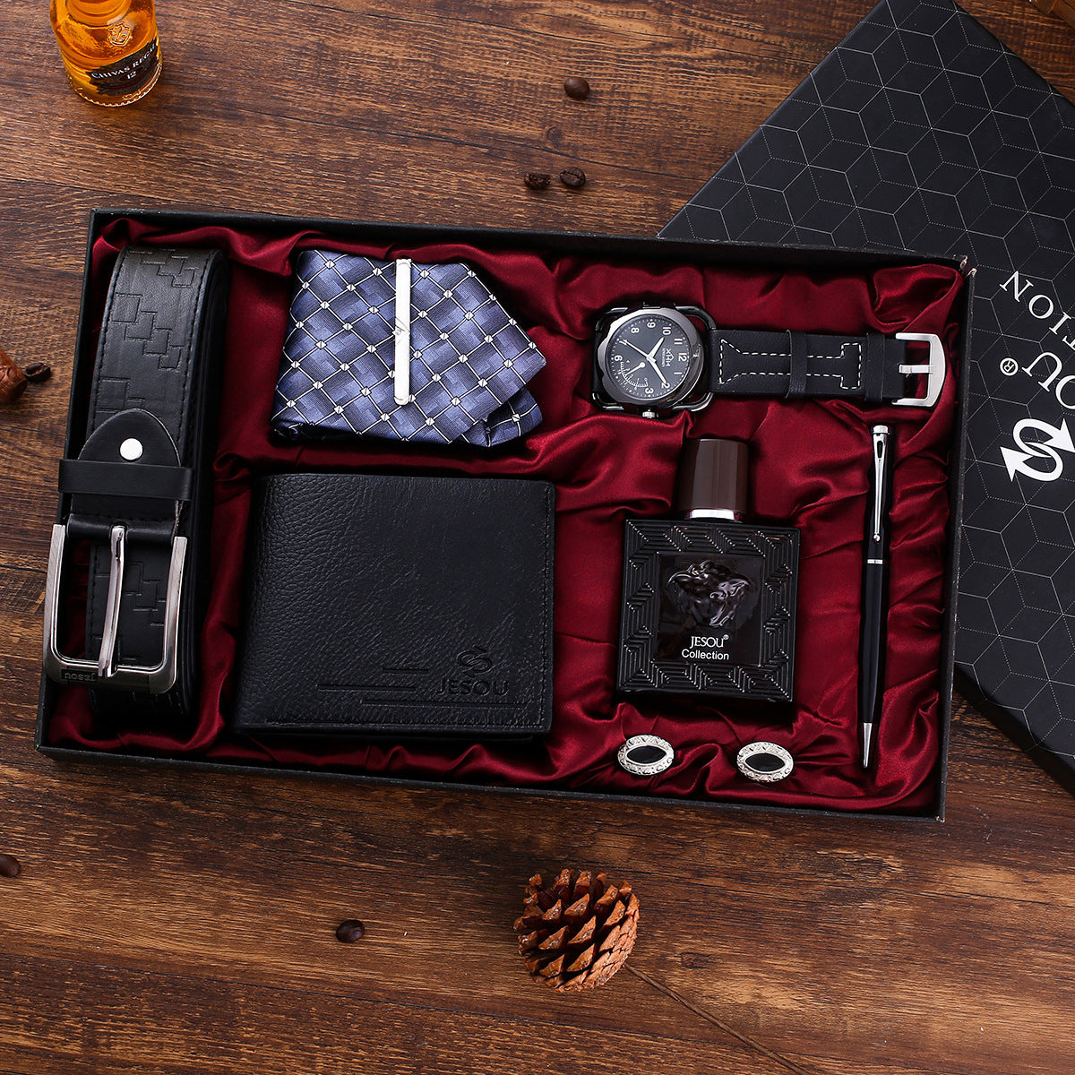 Men's Practical Quartz Watch Wallet Tie + Belt Perfume Practical Gift Business Set