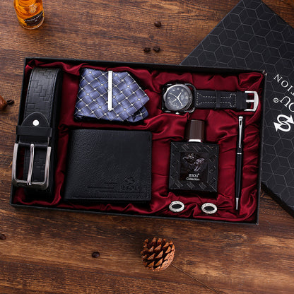 Men's Practical Quartz Watch Wallet Tie + Belt Perfume Practical Gift Business Set