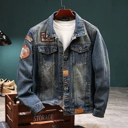 Mens Retro Embroidered Denim Cargo Jacket