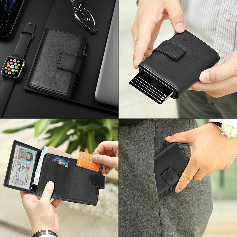 Spot cowhide wallet men's RFID folding wallet high-end automatic elastic card holder metal card holder genuine leather card bag