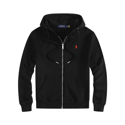 Men's fleece-lined, long-sleeve polo sweatshirt. Pony embroidery