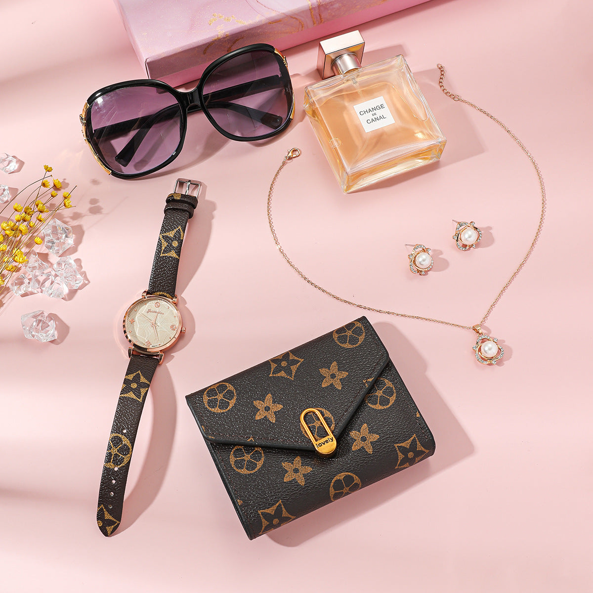 Women's Fashion Casual Quartz Watch + Necklace + Glasses + Wallet + Earrings Gift Set