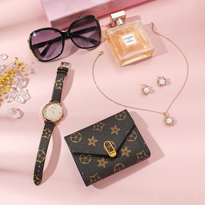 Women's Fashion Casual Quartz Watch + Necklace + Glasses + Wallet + Earrings Gift Set