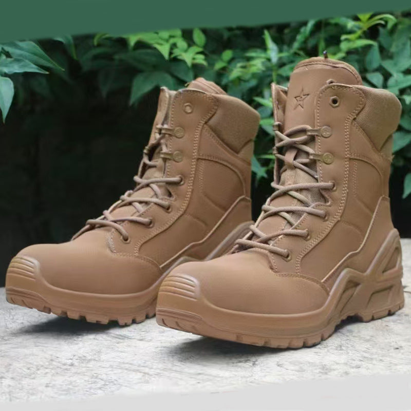 Men's brown waterproof leather high-top side-zip combat boots