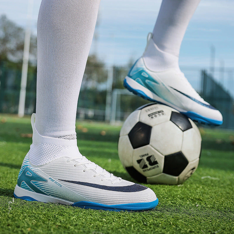 Unisex high top soccer cleats for pro outdoor grass training with AG spikes.