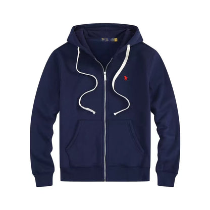 Men's fleece-lined, long-sleeve polo sweatshirt. Pony embroidery