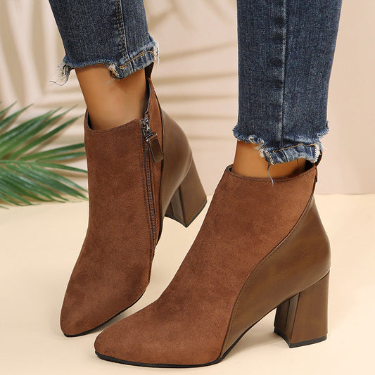 Suede Paneled Pointed-Toe Chunky Heel Boots with Side Zipper