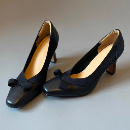 Luna Grace  Sheepskin Bow Square-Toe Block Heel Pumps