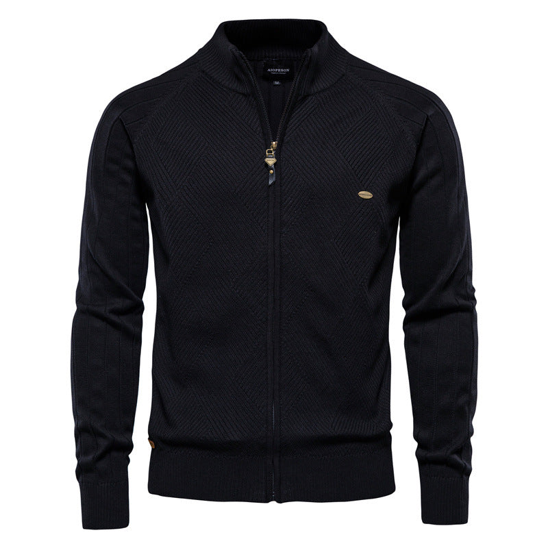 Men's autumn cardigan: versatile, casual, solid, high-neck jacquard knit