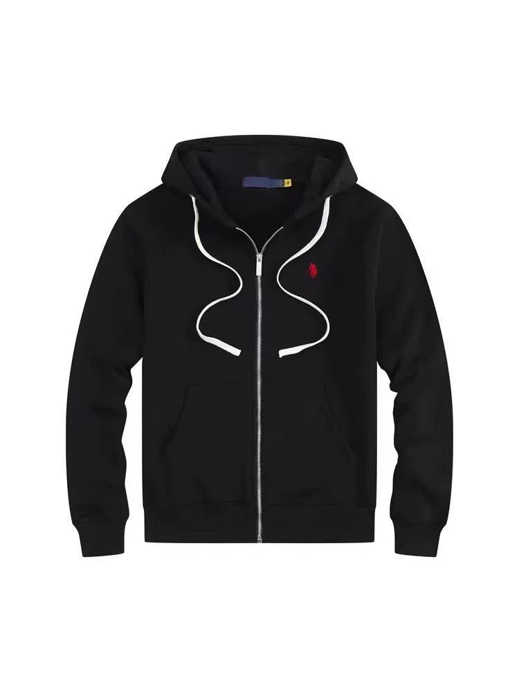 Men's fleece-lined, long-sleeve polo sweatshirt. Pony embroidery