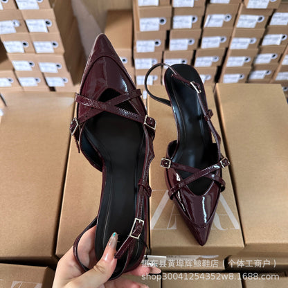 heeled sandals - cross-buckle strap, pointed toe, fairy-style mules.