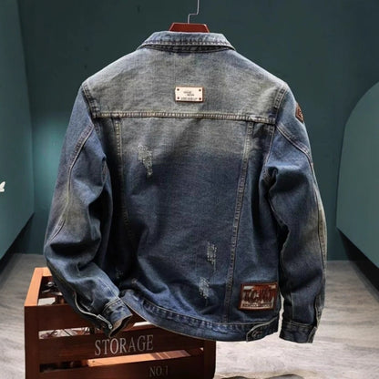 Mens Retro Embroidered Denim Cargo Jacket