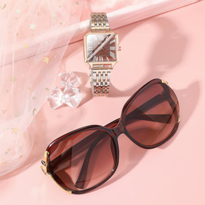 Gifting Options: Women's Brown Purse, Steel Strap, Roman Numerals, Surface, Watch, Sunglasses, Gift Box Set of Three