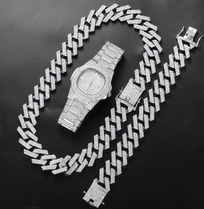 Men's hip hop watch, necklace, and bracelet set.