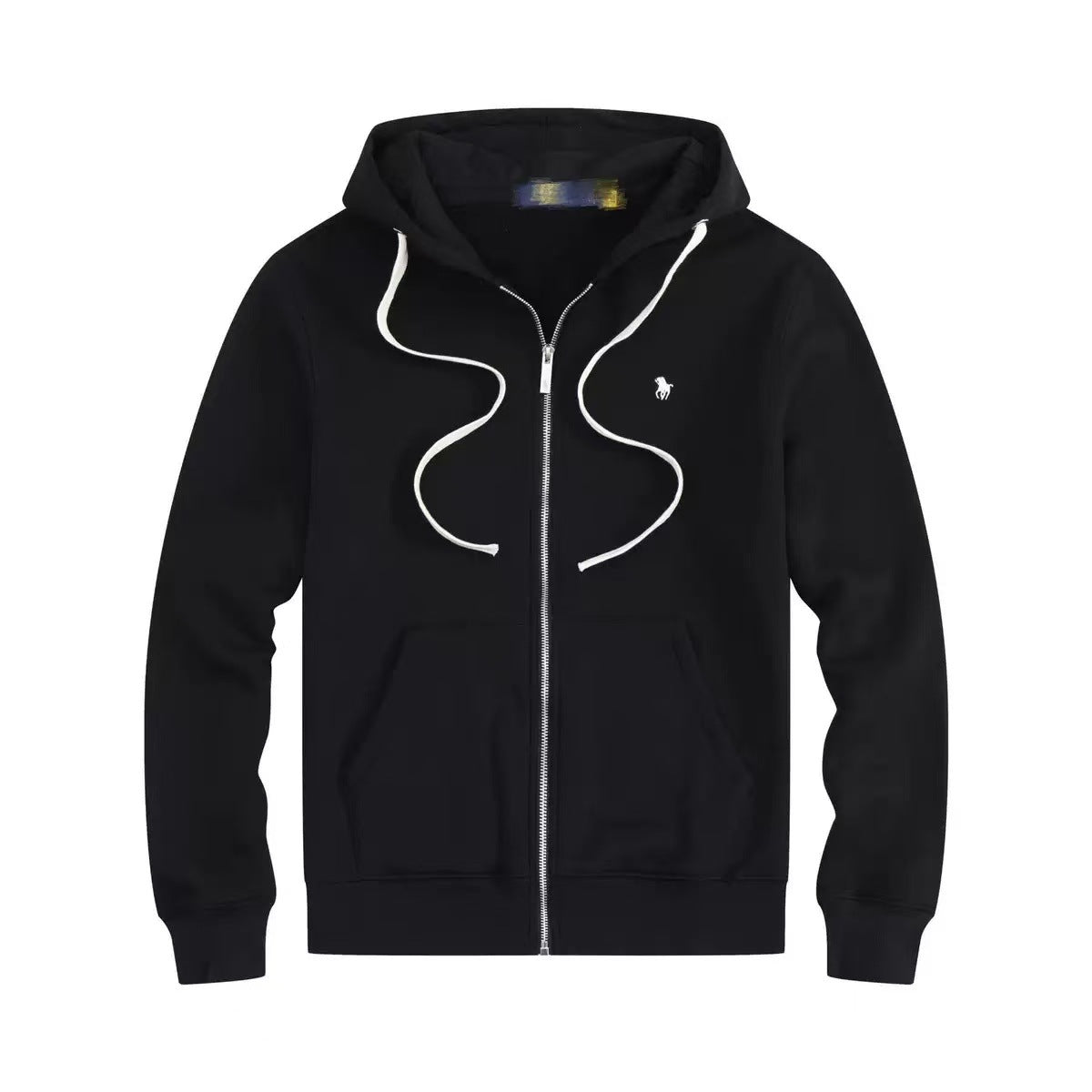 Men's fleece-lined, long-sleeve polo sweatshirt. Pony embroidery
