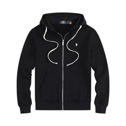 Men's fleece-lined, long-sleeve polo sweatshirt. Pony embroidery
