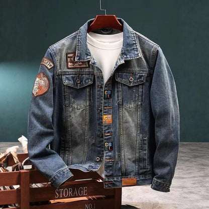 Mens Retro Embroidered Denim Cargo Jacket