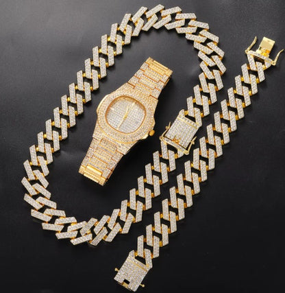 Men's hip hop watch, necklace, and bracelet set.