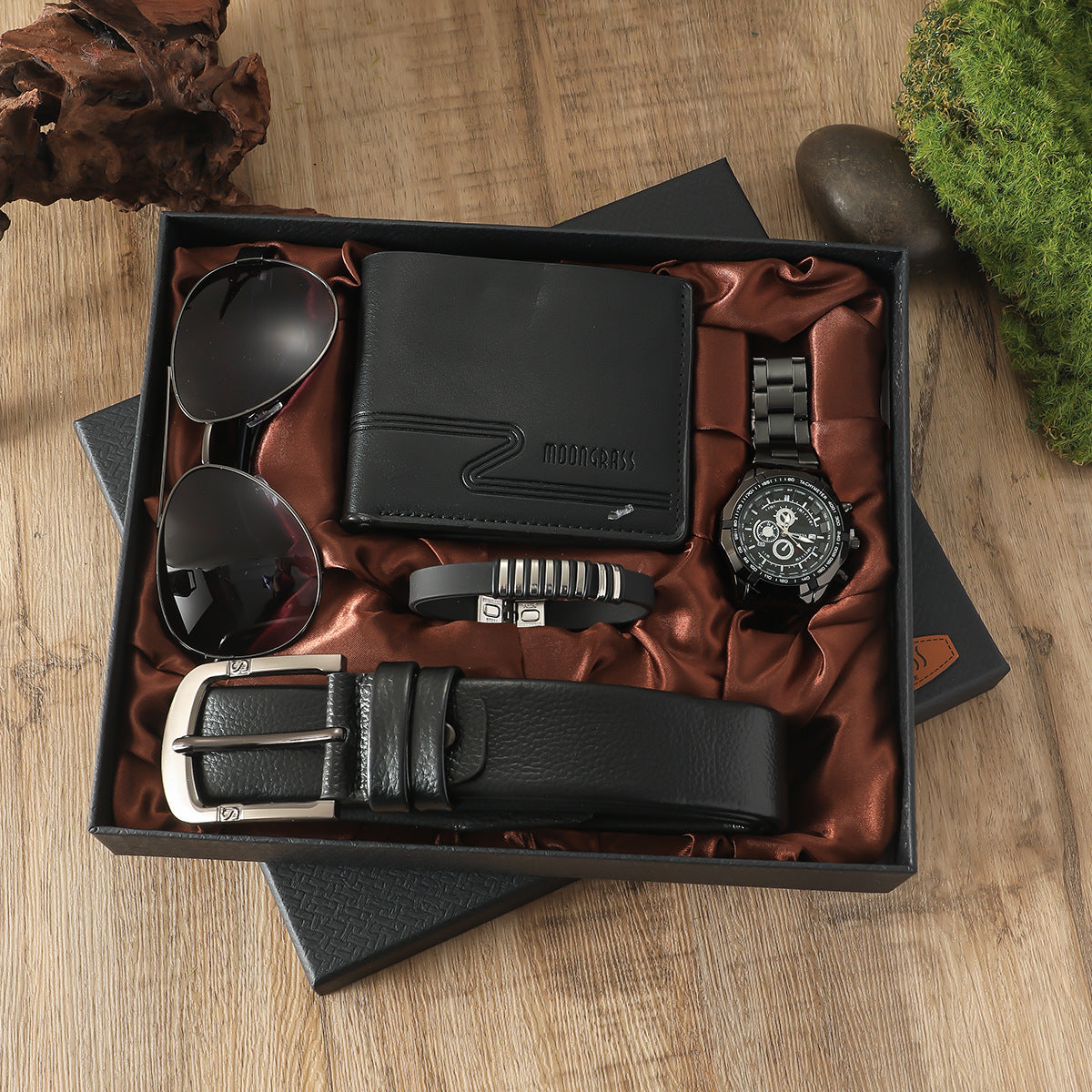 Men’s Gift Set – Quartz Watch, Belt, Wallet, Glasses & Keychain Combo