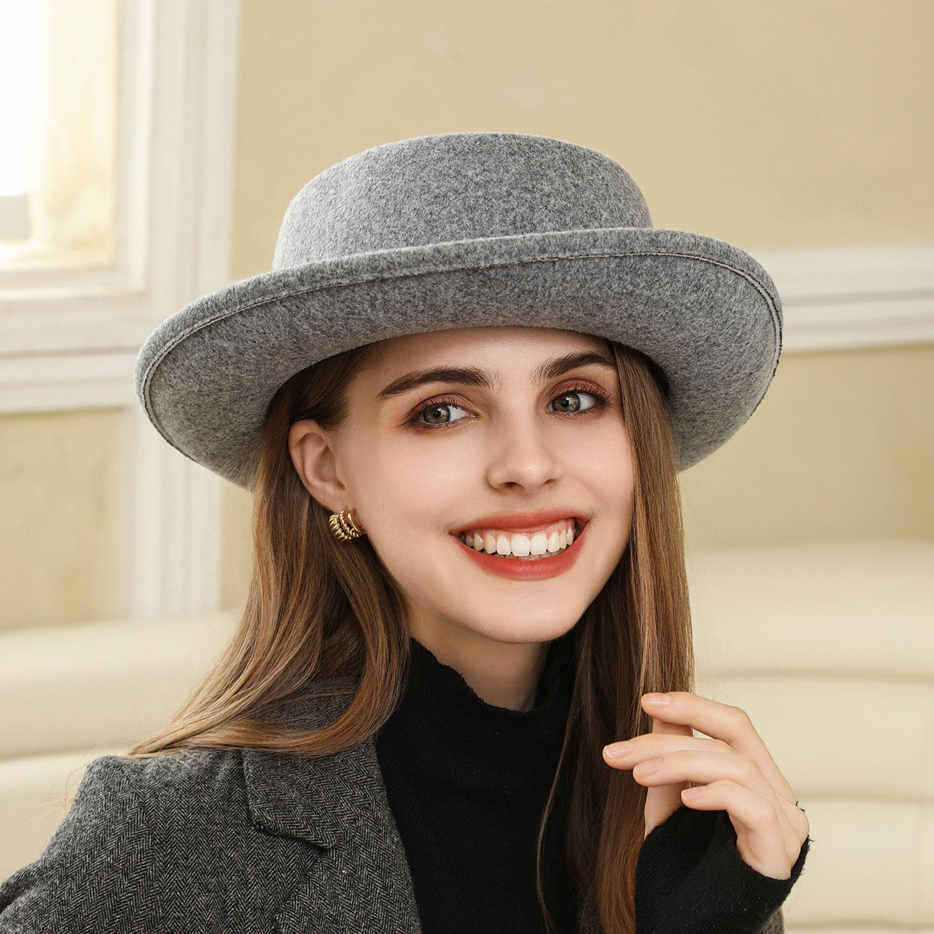 Tweed Rolled Flat Top Hat - Vintage British Style