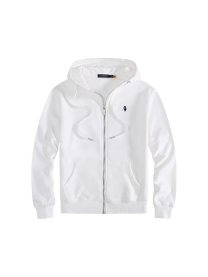 Men's fleece-lined, long-sleeve polo sweatshirt. Pony embroidery