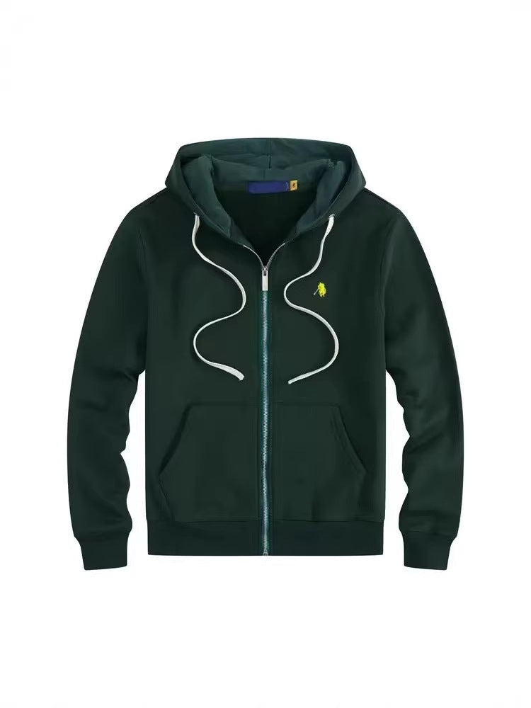 Men's fleece-lined, long-sleeve polo sweatshirt. Pony embroidery