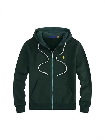 Men's fleece-lined, long-sleeve polo sweatshirt. Pony embroidery